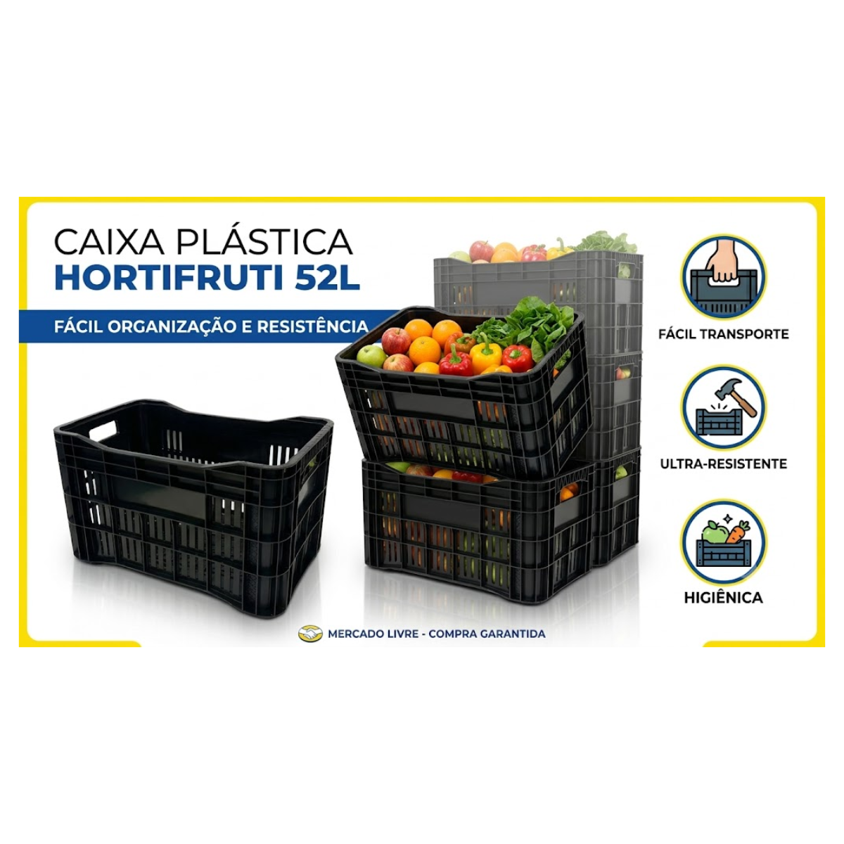 Kit 2 Caixas Plásticas 52L para Mercado, CEASA, Distribuidora, Hortifruti, Feirante e Uso Agrícola — Alta Resistência e Empilhável 2